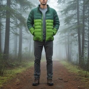 Eddie Bauer First Ascent Puffer Jacket Mens S Green Color Block Coat Down